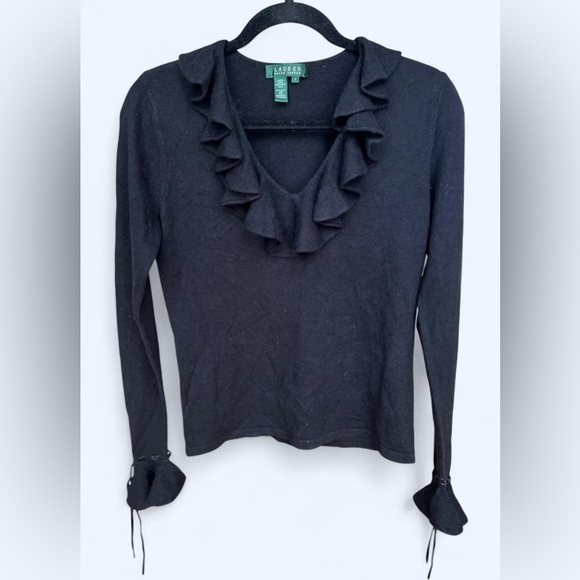 Lauren Ralph Lauren Sweaters - Ralph Lauren Black Silk Cashmere Ruffle Romantic Coquette V-Neck Sweater Small
